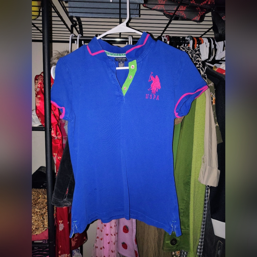 Blue Polo Top with Pink And Green Trim